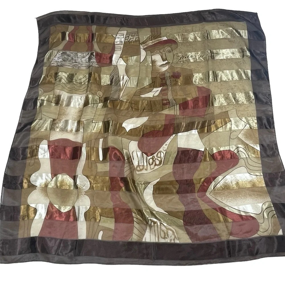 Vintage Paloma Picasso cubism art viscose scarf neutral earth browns art to wear